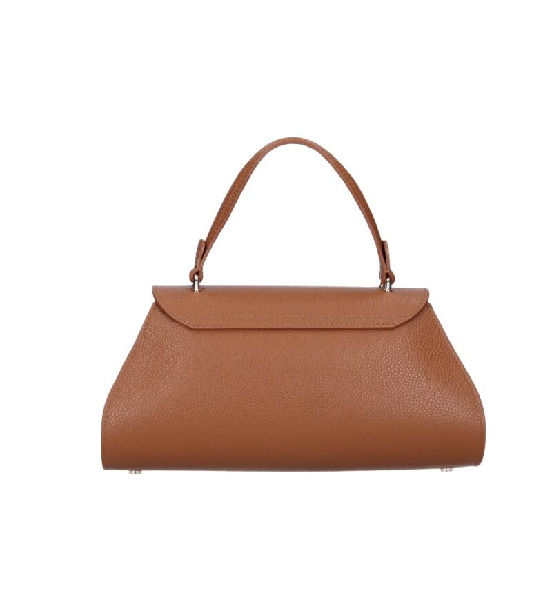 Leren Handtas Nora cognac gouden draaislot unieke vorm trendy dames handtassen leer kopen achterkant