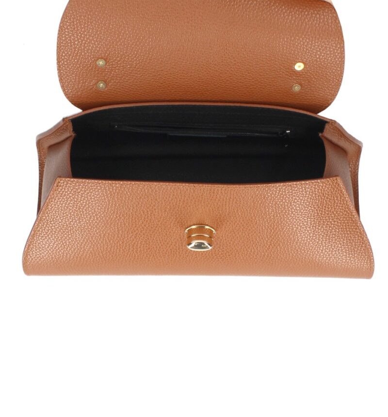 Leren Handtas Nora cognac gouden draaislot unieke vorm trendy dames handtassen leer kopen binnenkant