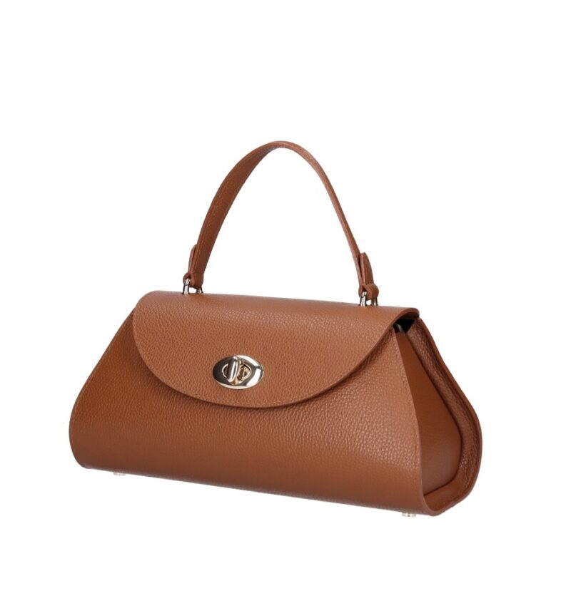 Leren Handtas Nora cognac gouden draaislot unieke vorm trendy dames handtassen leer kopen zij