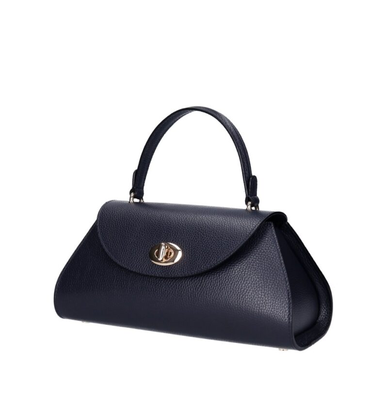 Leren Handtas Nora donkerblauw donkerblauwe navy gouden draaislot unieke vorm trendy dames handtassen leer kopen zij