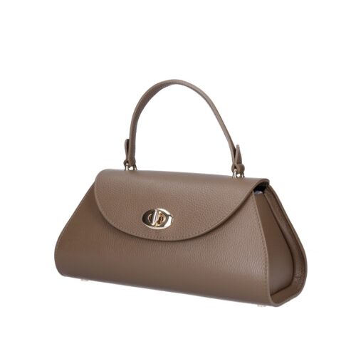 Leren Handtas Nora donkertaupe gouden draaislot unieke vorm trendy dames handtassen leer kopen zij