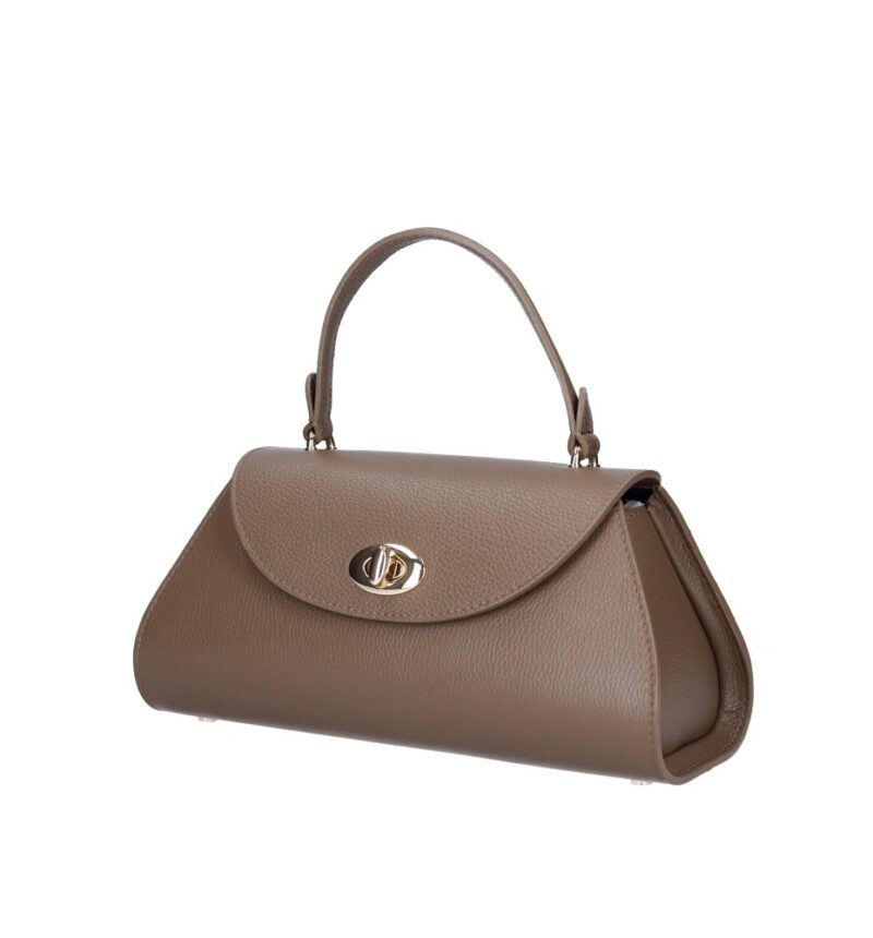 Leren Handtas Nora donkertaupe gouden draaislot unieke vorm trendy dames handtassen leer kopen zij