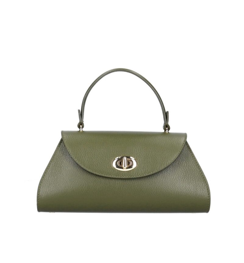 Leren Handtas Nora legergroen legergroene gouden draaislot unieke vorm trendy dames handtassen leer kopen