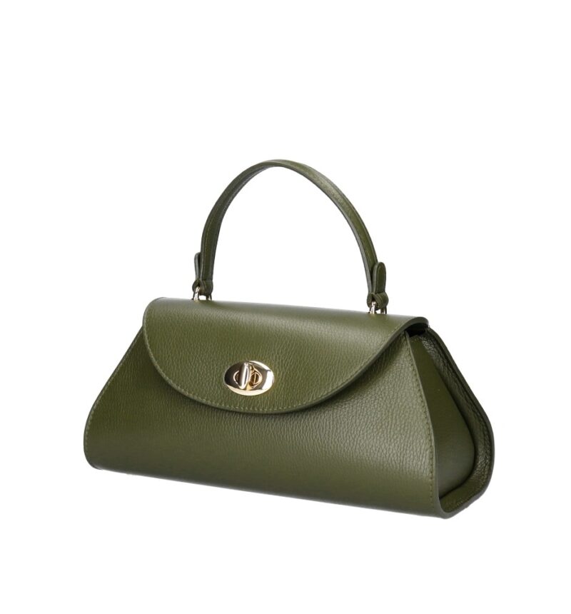 Leren Handtas Nora legergroen legergroene gouden draaislot unieke vorm trendy dames handtassen leer kopen zij