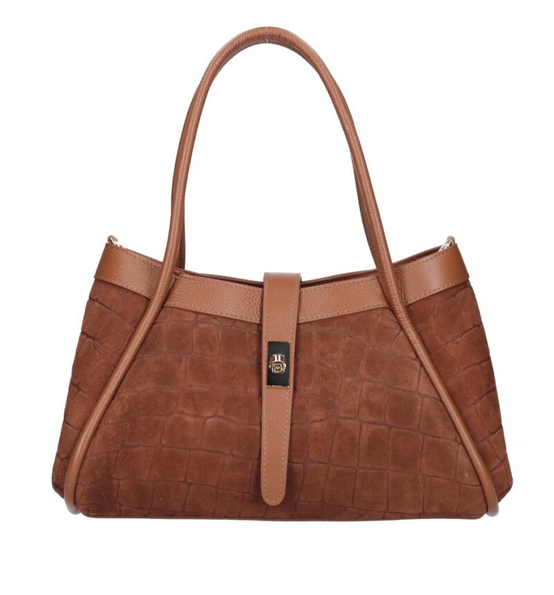Leren Handtas Vivienne Croco cognac gouden draaislot leer suede croco print chique en luxe damestassen italiaans leder bestellen