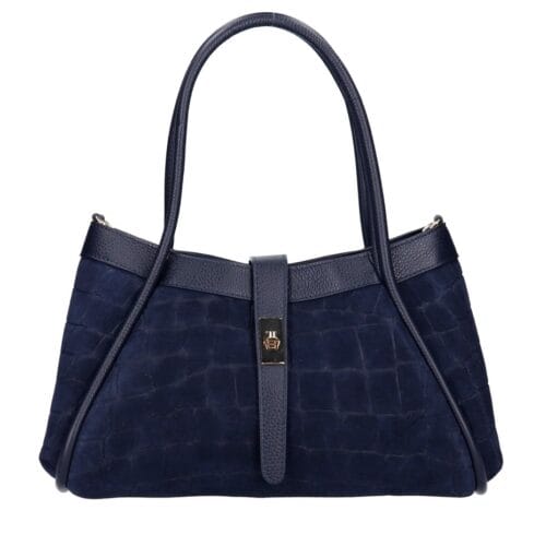 Leren Handtas Vivienne Croco donkerblauw donkerblauwe navy gouden draaislot leer suede croco print chique en luxe damestassen italiaans leder bestellen