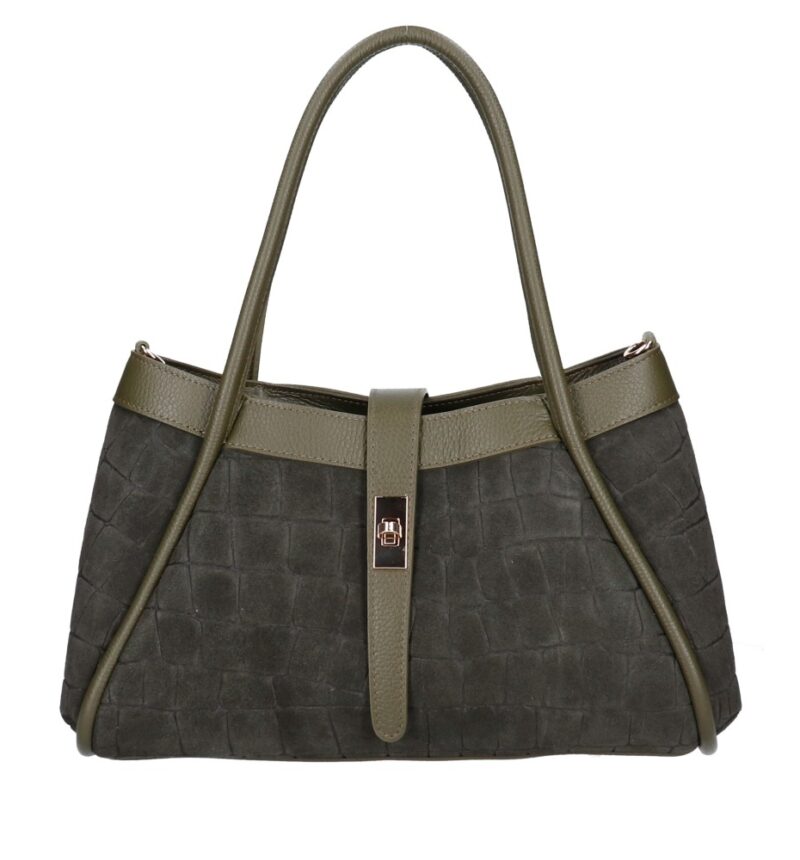 Leren Handtas Vivienne Croco olijfgroen olijfgroene gouden draaislot leer suede croco print chique en luxe damestassen italiaans leder bestellen