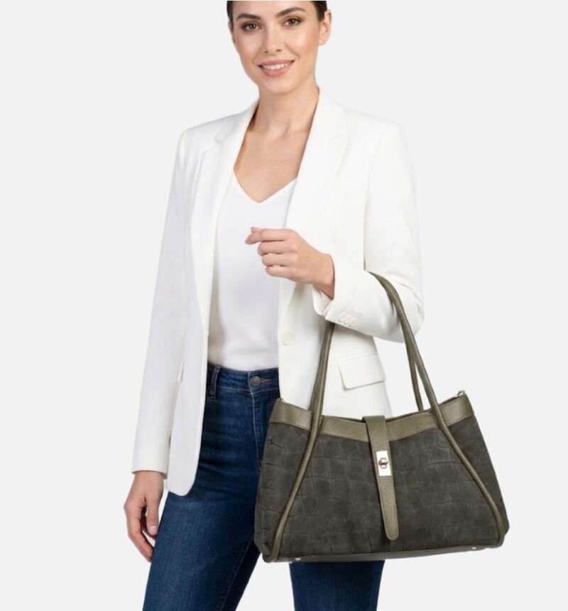 Leren Handtas Vivienne Croco olijfgroen olijfgroene gouden draaislot leer suede croco print chique en luxe damestassen italiaans leder bestellen model