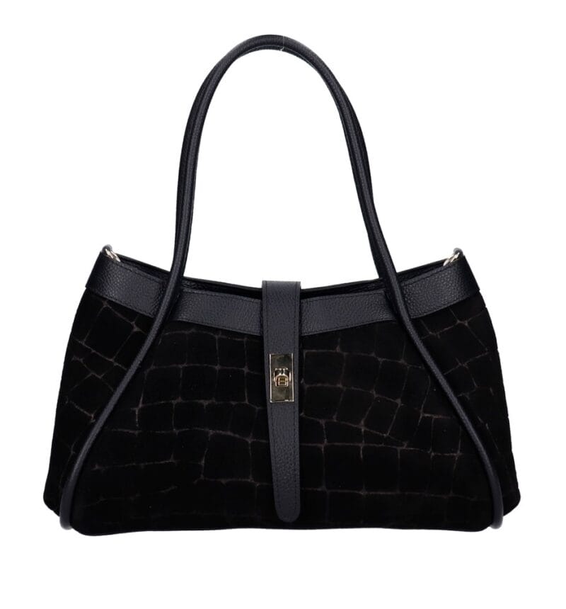 Leren Handtas Vivienne Croco zwart zwarte gouden draaislot leer suede croco print chique en luxe damestassen italiaans leder bestellen