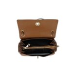 Leren Schoudertas Calliope donkercognac cognac leren tas flap gouden draaislot chique trendy tassen kopen bestellen binnenkant