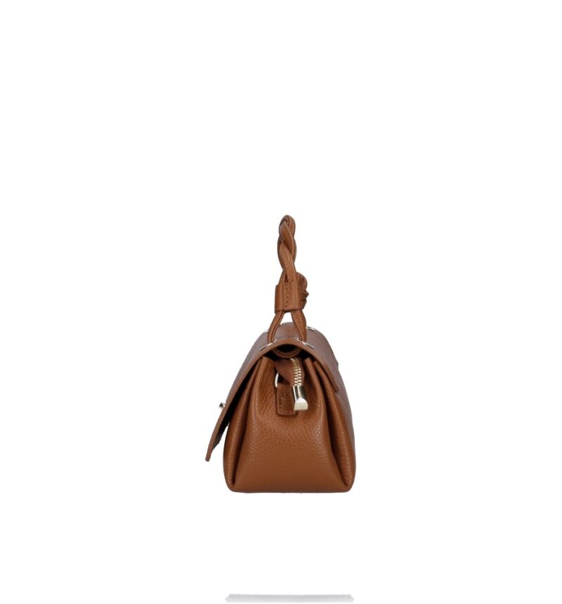 Leren Schoudertas Calliope donkercognac cognac leren tas flap gouden draaislot chique trendy tassen kopen bestellen zijkant