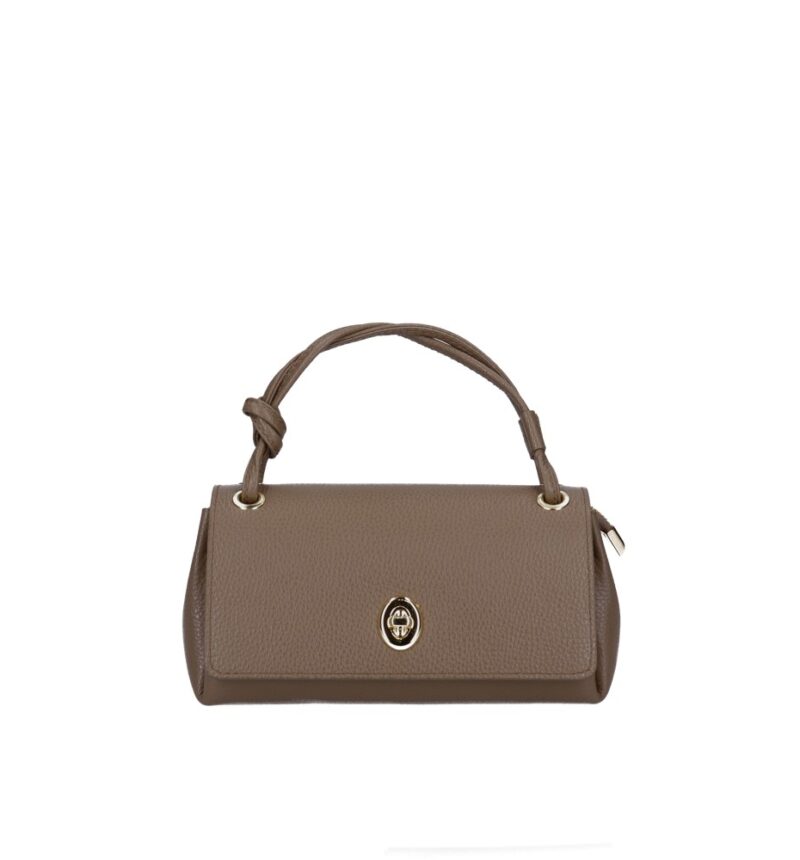 Leren Schoudertas Calliope donkertaupe leren tas flap gouden draaislot chique trendy tassen kopen bestellen