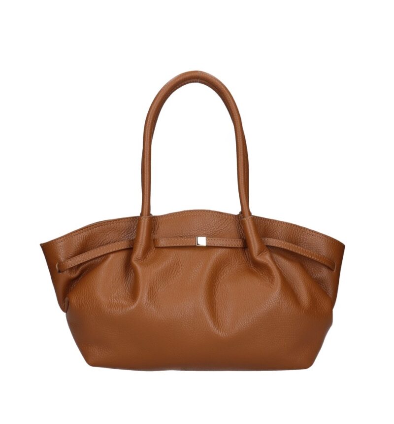 Leren Schoudertas Isolde donkercognac cognac leer ruime handtassen goud beslag trendy chique damestassen kopen bestellen