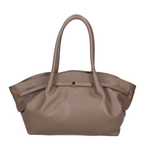 Leren Schoudertas Isolde donkertaupe leer ruime handtassen goud beslag trendy chique damestassen kopen bestellen