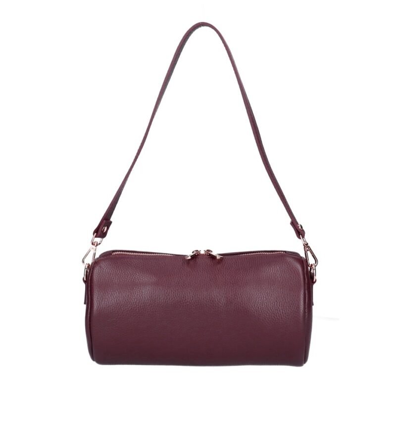 Leren Schoudertas Rachele bordeaux tas twee ritsen barrel cylinder bag kokervorm unieke tassen kopen bestellen