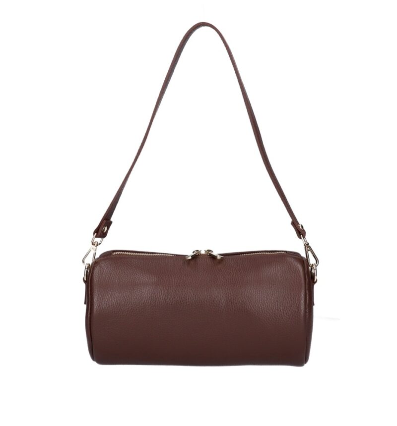 Leren Schoudertas Rachele bruin bruine tas twee ritsen barrel cylinder bag kokervorm unieke tassen kopen bestellen