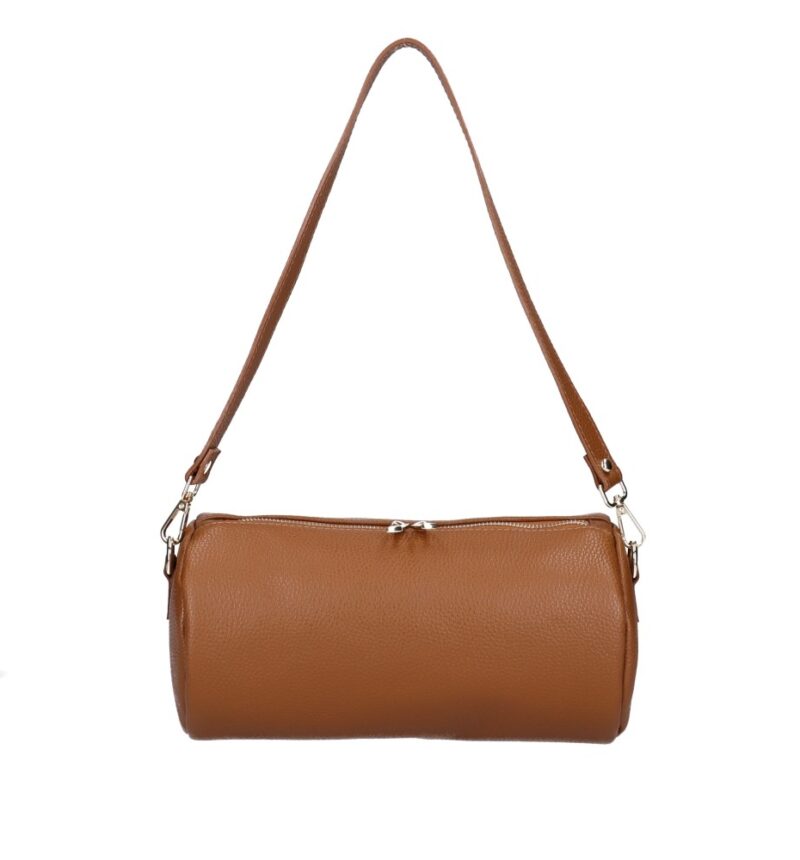 Leren Schoudertas Rachele cognac tas twee ritsen barrel cylinder bag kokervorm unieke tassen kopen bestellen