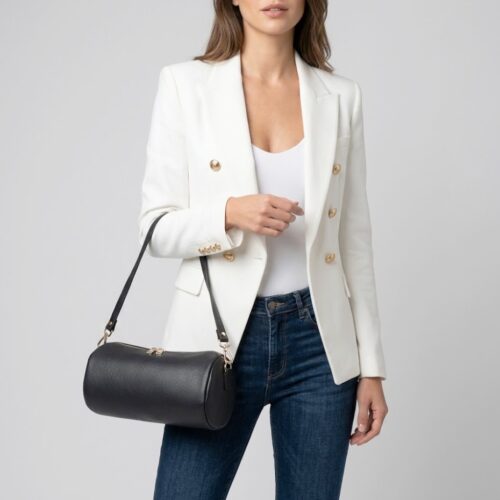Leren Schoudertas Rachele donkerblauw donkerblauwe navy tas twee ritsen barrel cylinder bag kokervorm unieke tassen kopen bestellen model