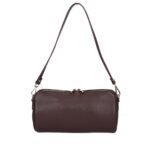 Leren Schoudertas Rachele donkerbruin donkerbruine tas twee ritsen barrel cylinder bag kokervorm unieke tassen kopen bestellen