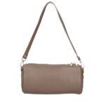 Leren Schoudertas Rachele donkertaupe tas twee ritsen barrel cylinder bag kokervorm unieke tassen kopen bestellen