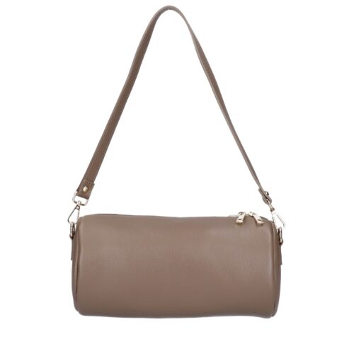 Leren Schoudertas Rachele donkertaupe tas twee ritsen barrel cylinder bag kokervorm unieke tassen kopen bestellen