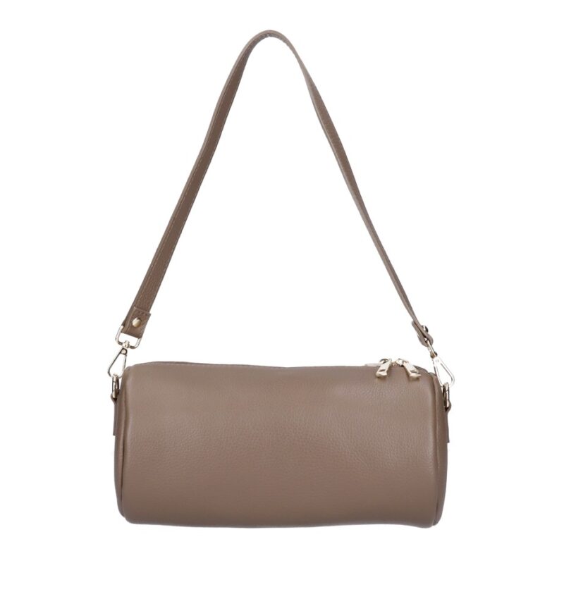 Leren Schoudertas Rachele donkertaupe tas twee ritsen barrel cylinder bag kokervorm unieke tassen kopen bestellen