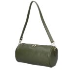 Leren Schoudertas Rachele olijfgroen olijgroene tas twee ritsen barrel cylinder bag kokervorm unieke tassen kopen bestellen zijkant