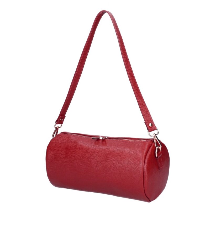 Leren Schoudertas Rachele rood rode tas twee ritsen barrel cylinder bag kokervorm unieke tassen kopen bestellen zij