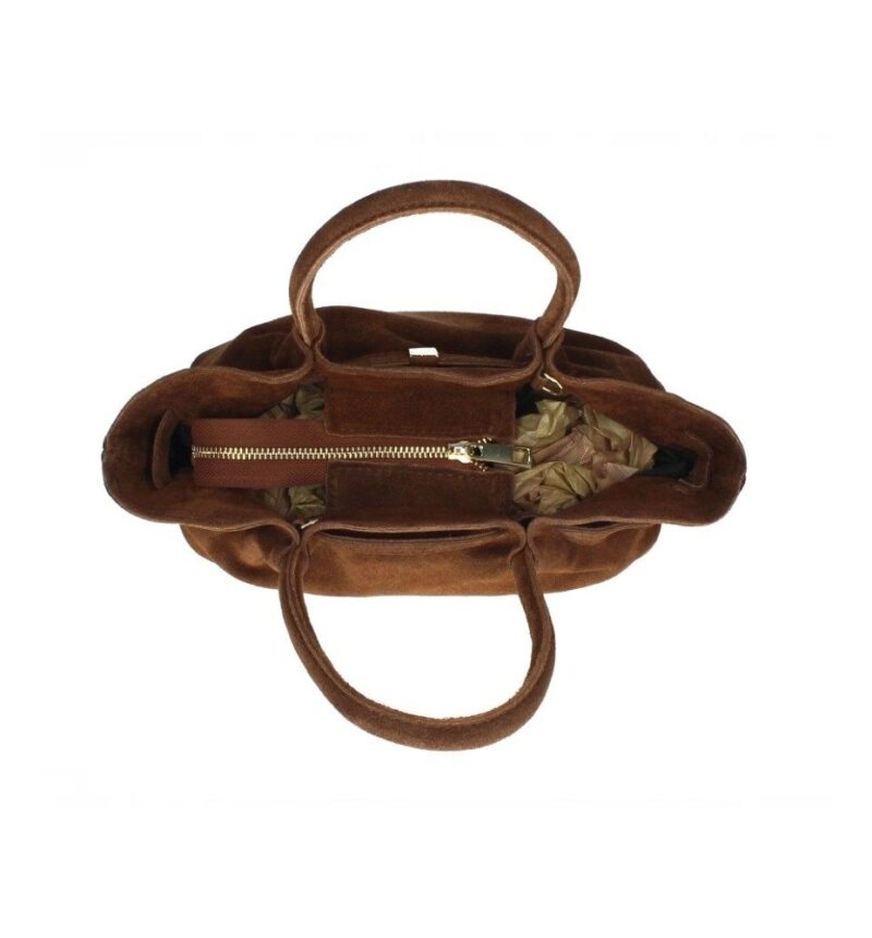 Suede Handtas Freya Bruin bruine trendy suede handtas goud beslag damestassen italiaans kopen bestellen bovenkant