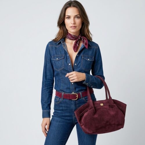 Suede Handtas Freya bordeaux trendy suede handtas goud beslag damestassen italiaans kopen bestellen model