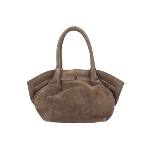 Suede Handtas Freya donkertaupe trendy suede handtas goud beslag damestassen italiaans kopen bestellen