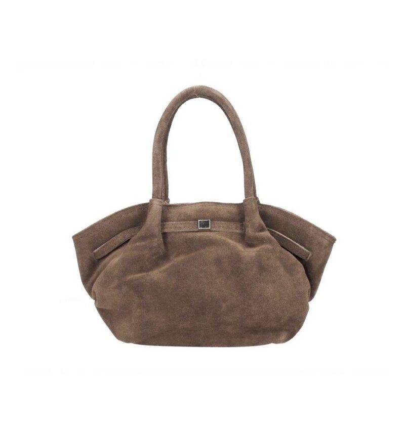Suede Handtas Freya donkertaupe trendy suede handtas goud beslag damestassen italiaans kopen bestellen