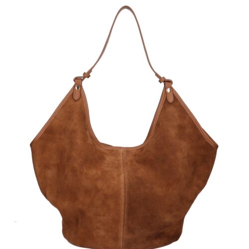 Suede Schoudertas Hallie cognac ruime suede leer handtas leren hengsel extra etui chique damestassen italiaans kopen