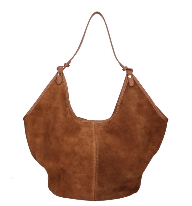 Suede Schoudertas Hallie cognac ruime suede leer handtas leren hengsel extra etui chique damestassen italiaans kopen