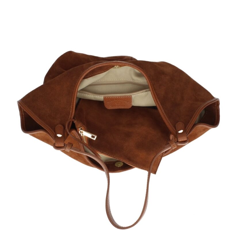 Suede Schoudertas Hallie cognac ruime suede leer handtas leren hengsel extra etui chique damestassen italiaans kopen binnenkant