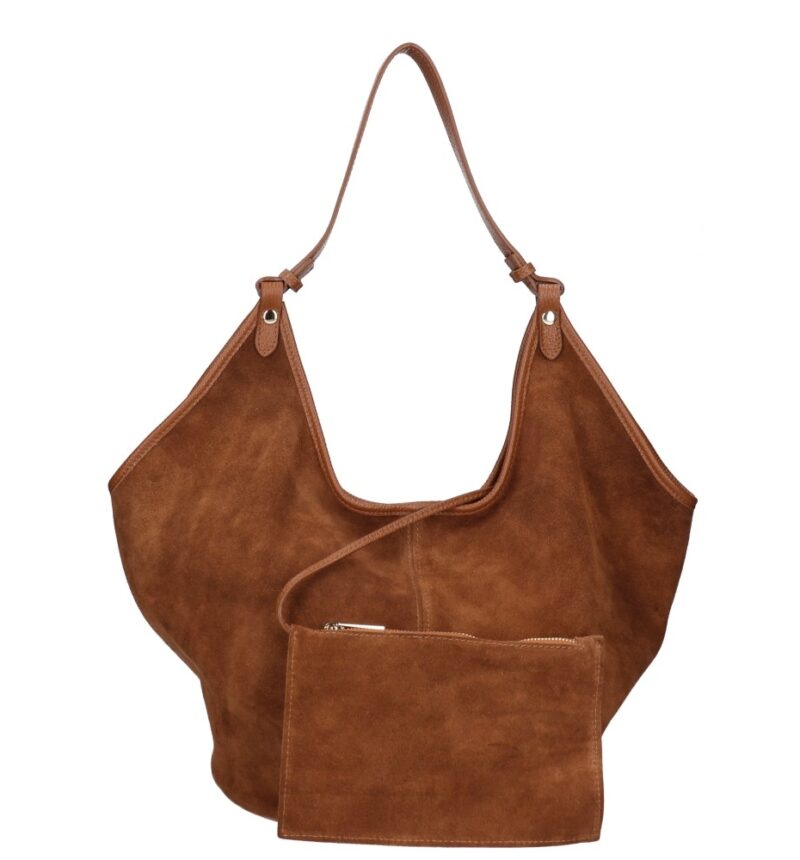 Suede Schoudertas Hallie cognac ruime suede leer handtas leren hengsel extra etui chique damestassen italiaans kopen detail