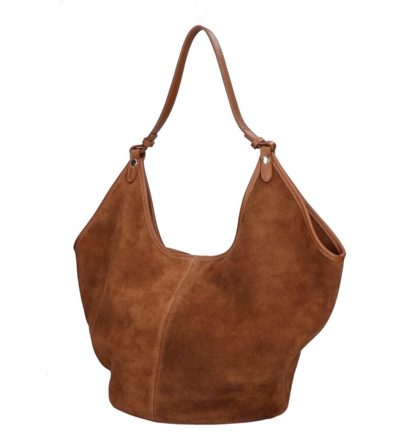Suede Schoudertas Hallie cognac ruime suede leer handtas leren hengsel extra etui chique damestassen italiaans kopen zij