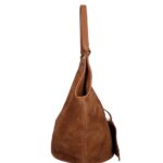 Suede Schoudertas Hallie cognac ruime suede leer handtas leren hengsel extra etui chique damestassen italiaans kopen zijkant