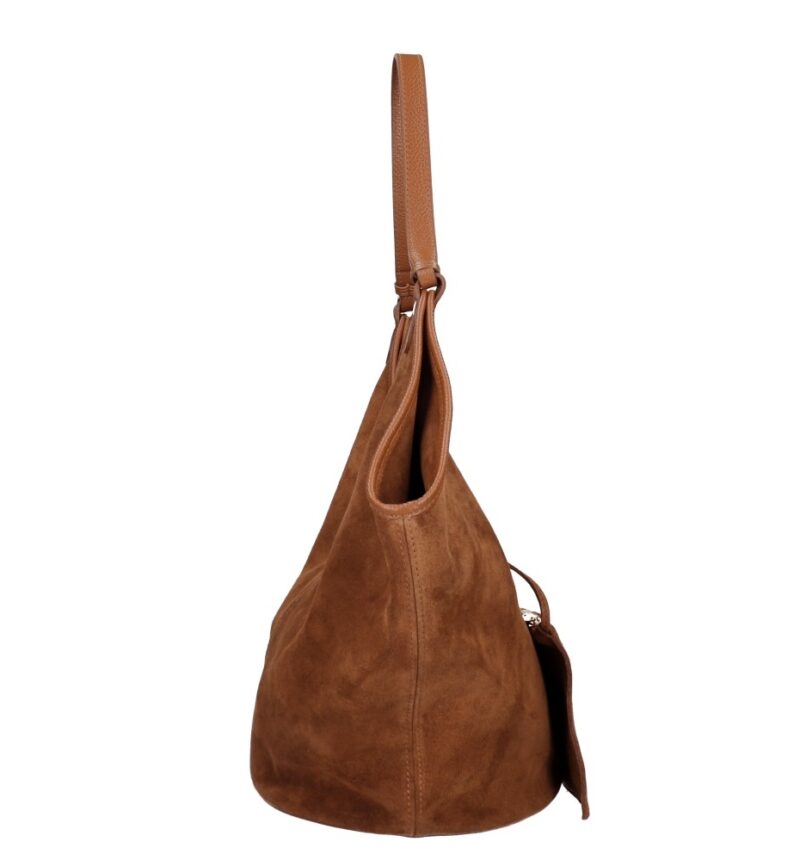Suede Schoudertas Hallie cognac ruime suede leer handtas leren hengsel extra etui chique damestassen italiaans kopen zijkant