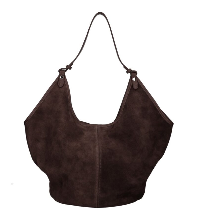 Suede Schoudertas Hallie donkerbruin donkerbruine ruime suede leer handtas leren hengsel extra etui chique damestassen italiaans kopen