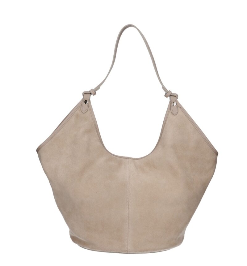 Suede Schoudertas Hallie lichttaupe taupe ruime suede leer handtas leren hengsel extra etui chique damestassen italiaans kopen