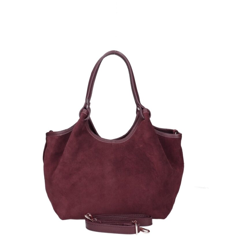 Suede Schoudertas Rosalia bordeaux suede tas met leren hengsel ruim stevig trendy italiaans leer kopen bestellen achter