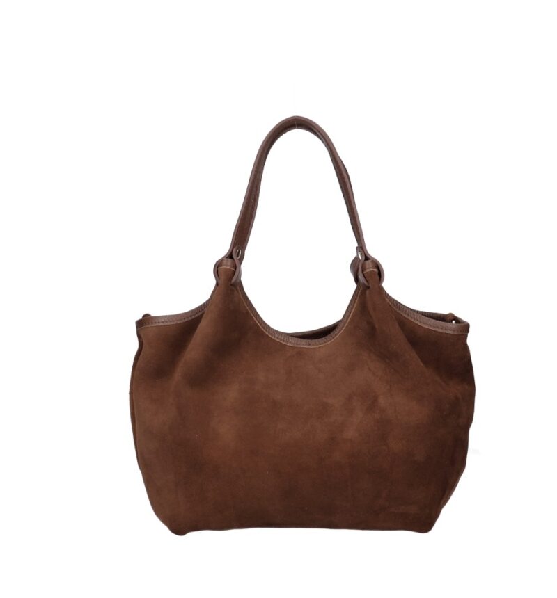 Suede Schoudertas Rosalia bruin bruine suede tas met leren hengsel ruim stevig trendy italiaans leer kopen bestellen