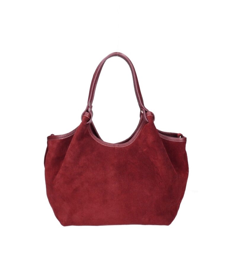 Suede Schoudertas Rosalia donkerrood donkerrode suede tas met leren hengsel ruim stevig trendy italiaans leer kopen bestellen