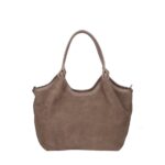 Suede Schoudertas Rosalia donkertaupe suede tas met leren hengsel ruim stevig trendy italiaans leer kopen bestellen