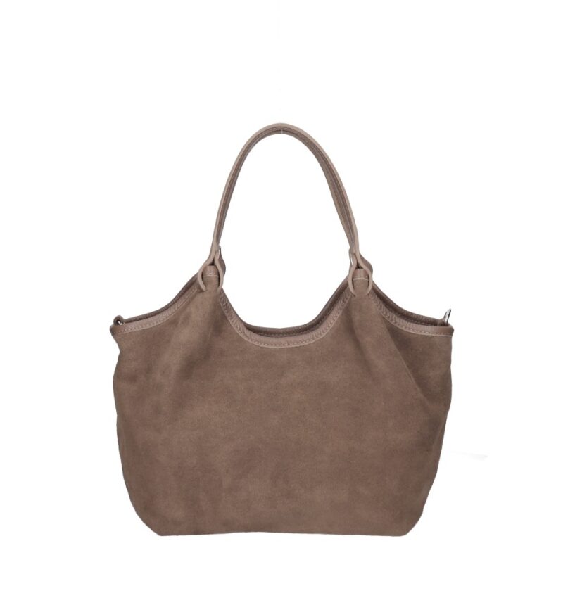 Suede Schoudertas Rosalia donkertaupe suede tas met leren hengsel ruim stevig trendy italiaans leer kopen bestellen