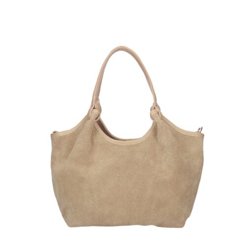 Suede Schoudertas Rosalia taupe suede tas met leren hengsel ruim stevig trendy italiaans leer kopen bestellen