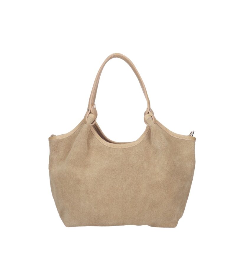Suede Schoudertas Rosalia taupe suede tas met leren hengsel ruim stevig trendy italiaans leer kopen bestellen
